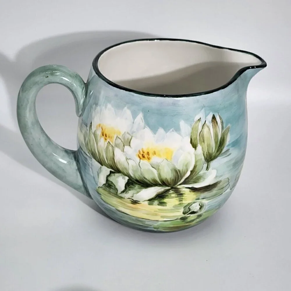 D&C France Vintage Hand Painted Pitcher and Glass Set of 7 Water Lily Green Trim